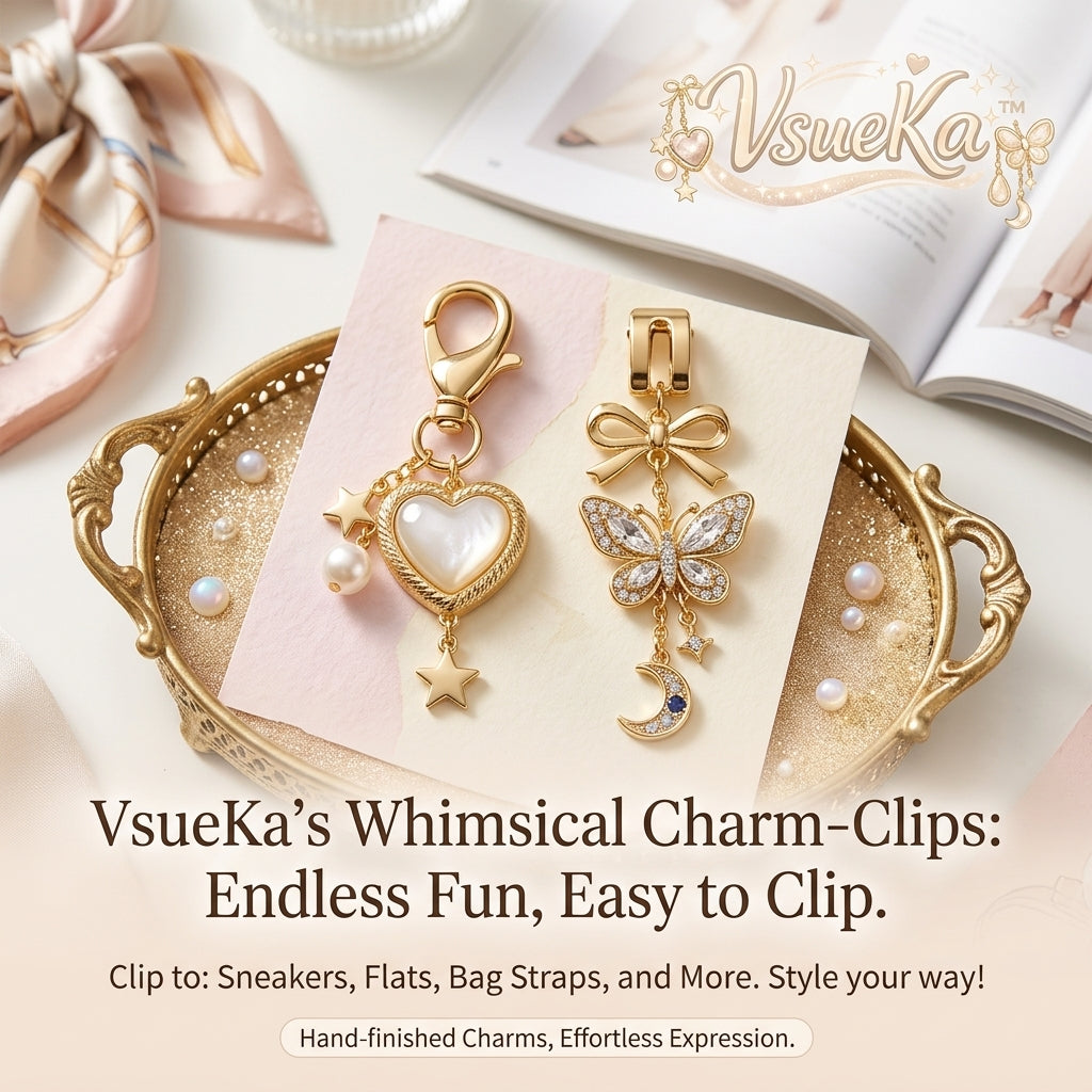 VsueKa™ Whimsical Gold Charm Clips for Sneakers & Bags - Mother of Pearl Heart & Crystal Butterfly Celestial Moon Shoe Charms, Coquette Aesthetic Jewelry Accessories for Flats, Backpacks, Keychains