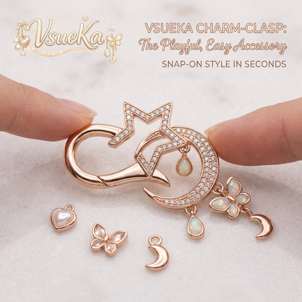 VsuelKa™ Rose Gold Celestial Moon and Star Charm Clasp, Micro-Pave Crystal Snap-On Jewelry Connector & Charm Holder, Modular Interchangeable Pendant Bail for DIY Necklaces, Bracelets, and Jewelry Making