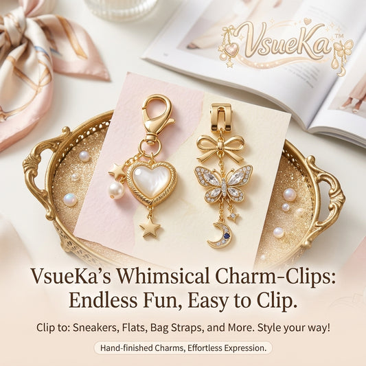 VsueKa™ Whimsical Gold Charm Clips for Sneakers & Bags - Mother of Pearl Heart & Crystal Butterfly Celestial Moon Shoe Charms, Coquette Aesthetic Jewelry Accessories for Flats, Backpacks, Keychains