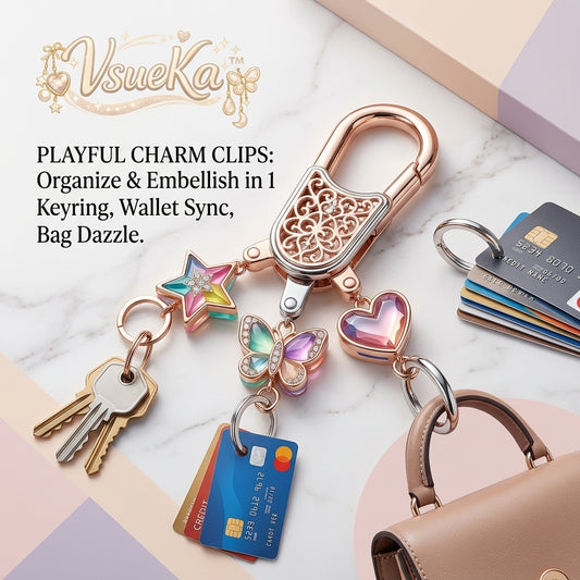 VsueKa™ 3-in-1 Playful Charm Clips - Rose Gold Multi-Functional Keychain & Bag Charm | Aesthetic Key Organizer & Card Holder with Iridescent Star, Butterfly, and Heart Charms | Cute Gift for Women & Girls
