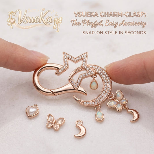 VsuelKa™ Rose Gold Celestial Moon and Star Charm Clasp, Micro-Pave Crystal Snap-On Jewelry Connector & Charm Holder, Modular Interchangeable Pendant Bail for DIY Necklaces, Bracelets, and Jewelry Making