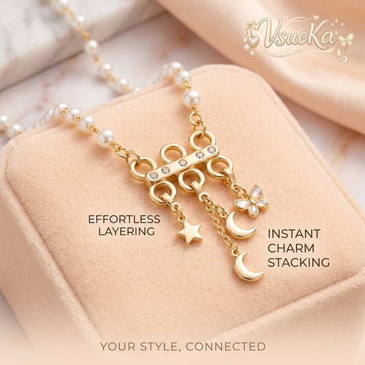 VsuelKa™ 18K Gold Plated Pearl Charm Necklace with Multi-Loop Layering Connector Bar, Detachable Star Moon Butterfly Pendant Stackable Necklace, Coquette Aesthetic Celestial Jewelry Gift for Women