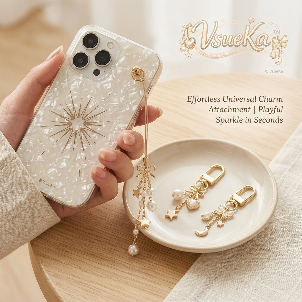 VsueKa™ Mother of Pearl Aesthetic Phone Case with Interchangeable Gold Charms | Luxury Celestial Starburst Shell Case with Pearl, Heart & Butterfly Dangle Keychains | Elegant Shockproof Protective Cover with Universal Charm Attachment Stud