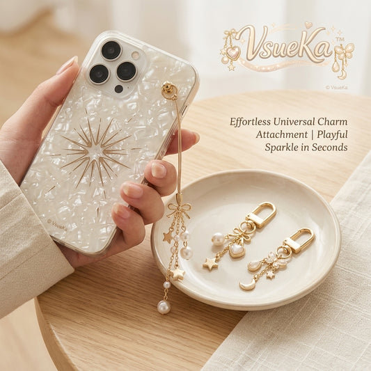 VsueKa™ Mother of Pearl Aesthetic Phone Case with Interchangeable Gold Charms | Luxury Celestial Starburst Shell Case with Pearl, Heart & Butterfly Dangle Keychains | Elegant Shockproof Protective Cover with Universal Charm Attachment Stud