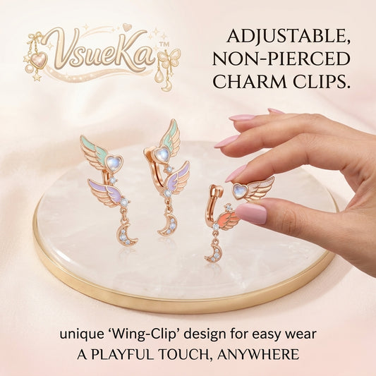 VsueKa™ Adjustable Wing-Clip Non-Pierced Earrings | Pastel Angel Wing Heart Moonstone & Dainty Crescent Moon Dangle Ear Cuffs | No-Piercing Fake Cartilage Drop Earrings Jewelry Gift for Women