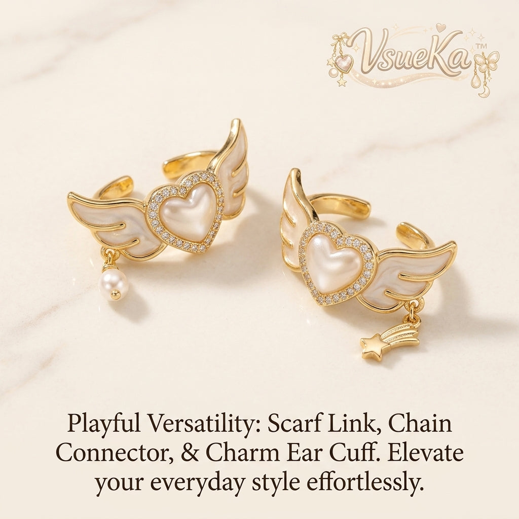 VsueKa™ 2Pcs Versatile Angel Wing Heart Ear Cuffs - Multi-functional Gold Plated Scarf Clips & Chain Connectors with Pearl & Shooting Star Charms, Romantic Coquette Aesthetic Jewelry for Women