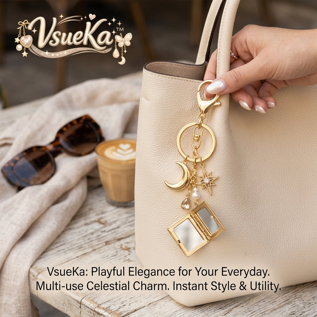 VsueKa™ Gold Celestial Bag Charm with Mini Compact Mirror Locket | Aesthetic Crescent Moon & Starburst Purse Keychain Accessory | Cute Hanging Charm & Key Ring Decoration for Handbags, Totes, Backpacks | Perfect Practical Gift for Women & Girls