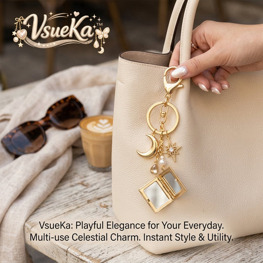 VsueKa™ Gold Celestial Bag Charm with Mini Compact Mirror Locket | Aesthetic Crescent Moon & Starburst Purse Keychain Accessory | Cute Hanging Charm & Key Ring Decoration for Handbags, Totes, Backpacks | Perfect Practical Gift for Women & Girls